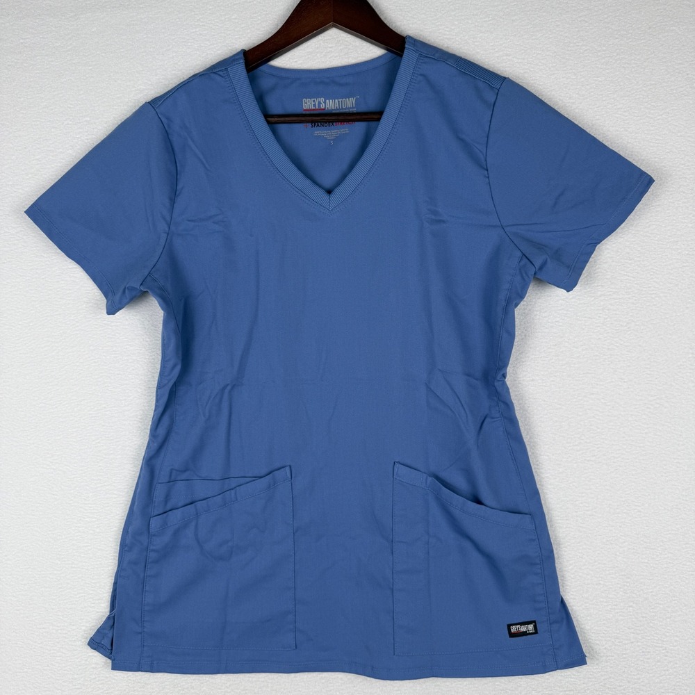 Grey's Anatomy Scrub Top Womens Small Blue Spandex Stretch V-Neck GRST045